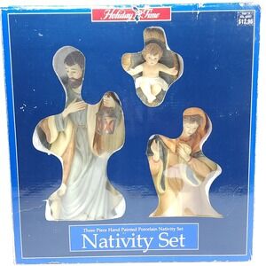 Vtg Holiday Time Three Piece Hand Painted Porcelain Nativity Set